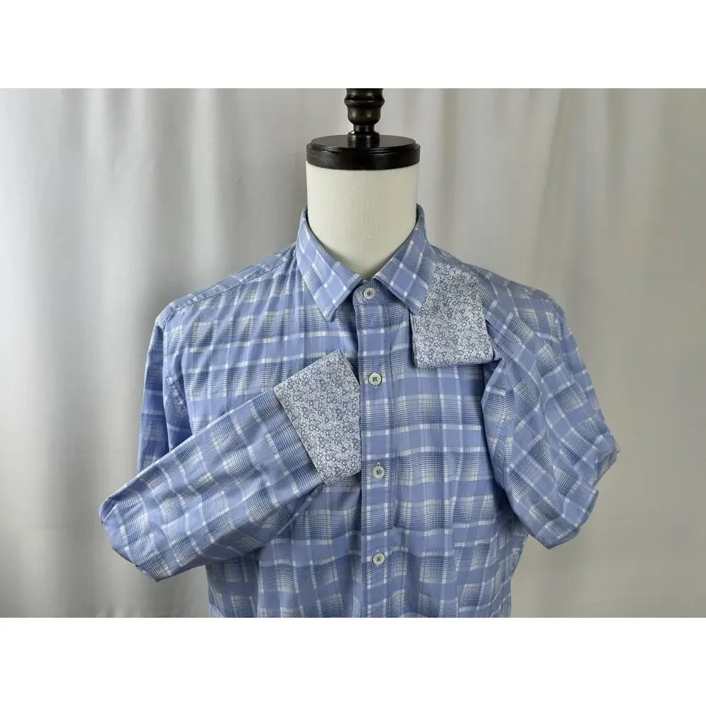 Bugatchi White & Blue Plaid Casual Button Down Shirt - Size Large - Classic Fit